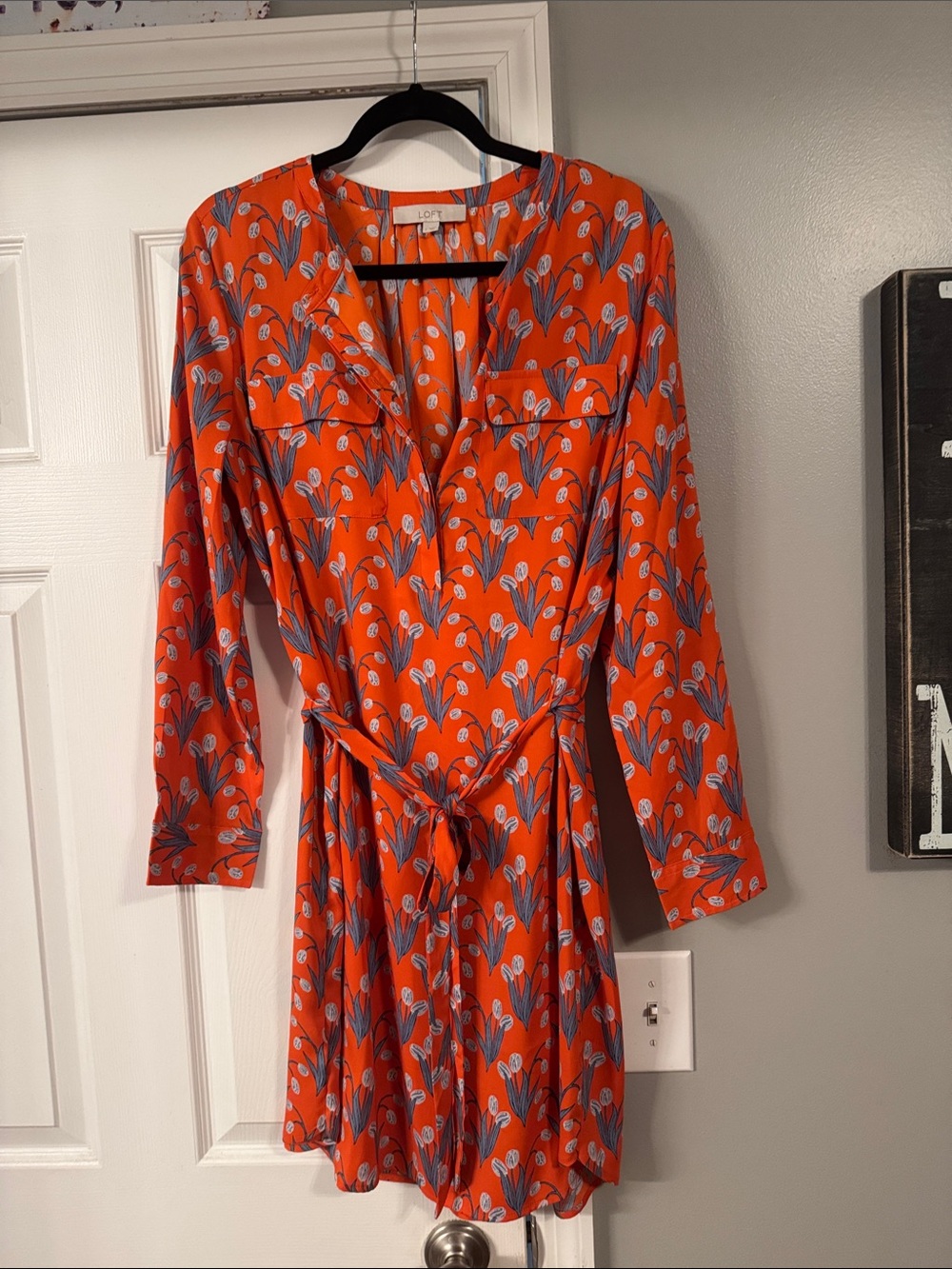 LOFT Orange Floral Tie-Waist Long Sleeve Dress